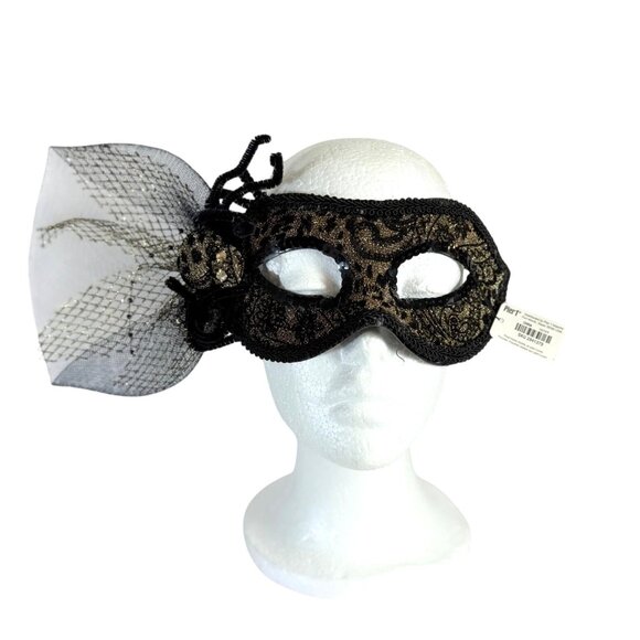 Pier 1 Masquerade Spider Mask VTG Gold Glitter Black Sequin Animal Floral Print - Picture 2 of 16